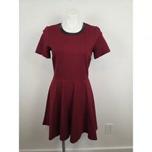 Madewell Burgundy Fit and Flare Dress Black Leather Trim Size Medium